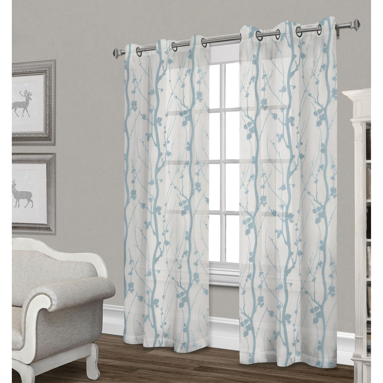 Corfu Sheer Curtain Panel- White & Teal 84-in - At Home