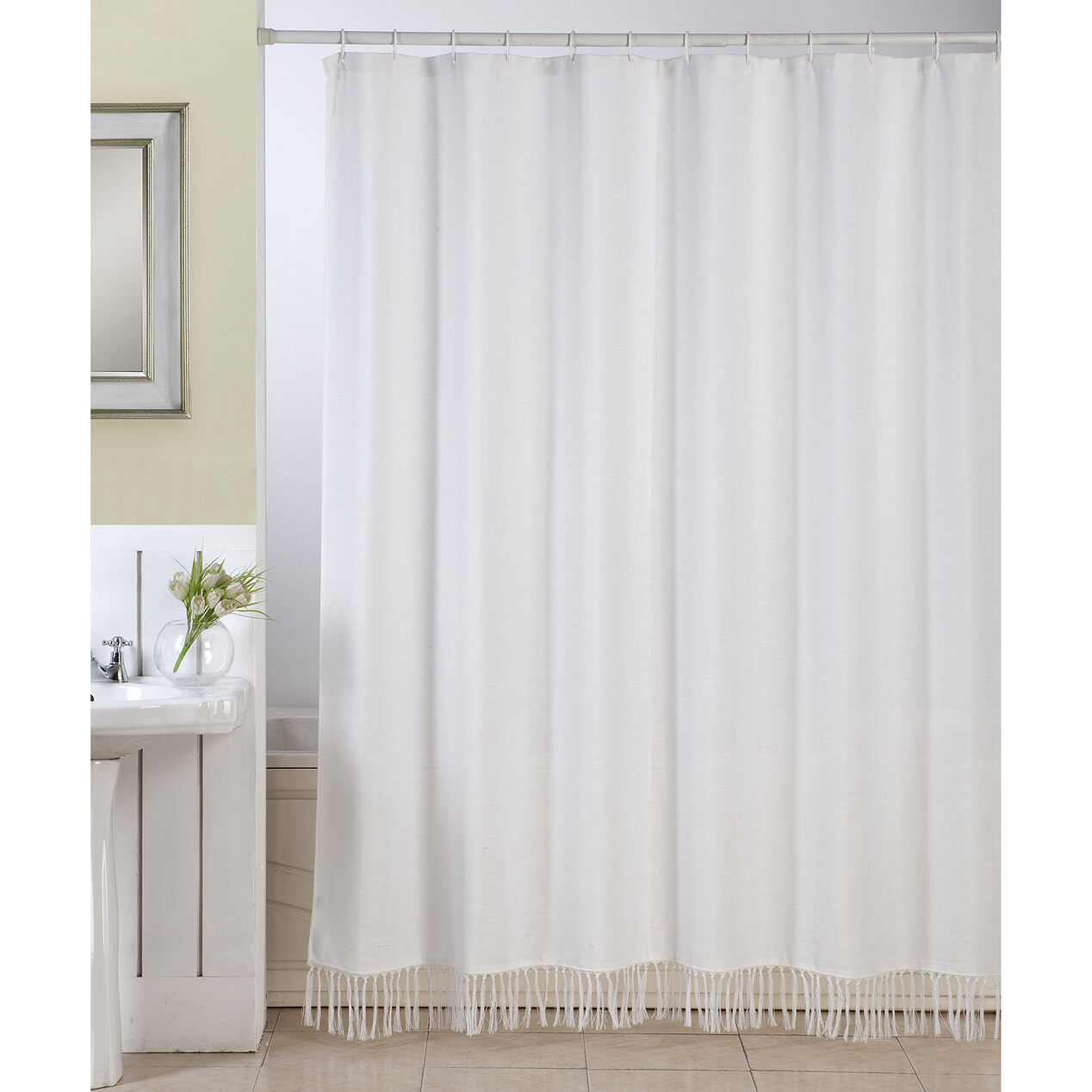 White Linen Fringe Shower Curtain - At Home