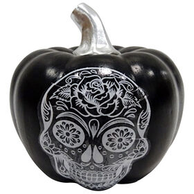 Black Ceramic Pumpkin with Skull 5-inch
