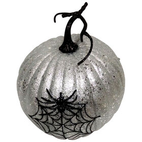 Silver Glitter Pumpkin with Spider 10-inch