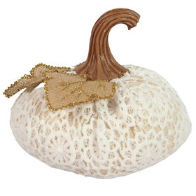 White Lace Pumpkin with Burlap Leaves - 8-inch